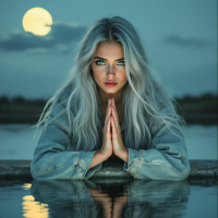 A serene young woman with striking blue eyes and silver hair, poised with hands in prayer, gazes introspectively into a tranquil water body under a glowing full moon.