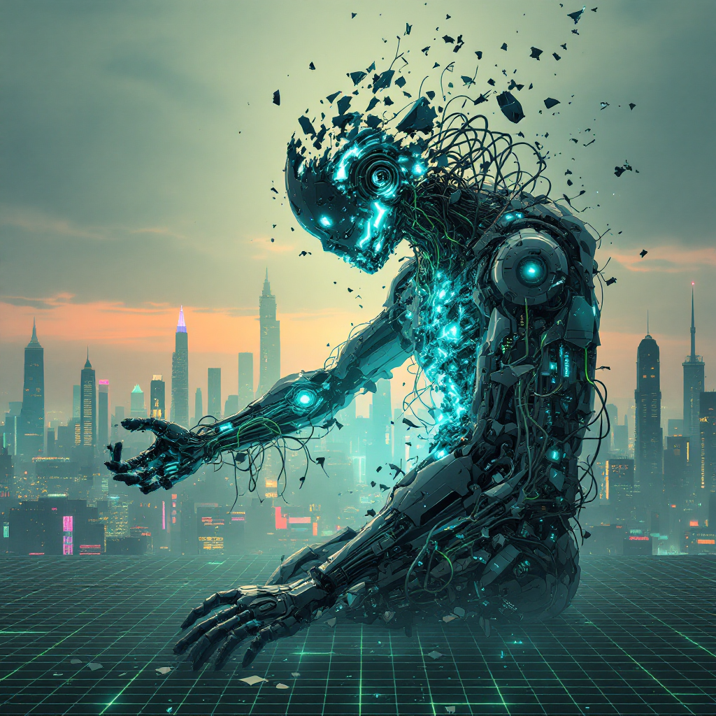 A humanoid figure, composed of fragmented metal and glowing circuitry, kneels amidst a futuristic cityscape, symbolizing both brokenness and the potential for healing and repair.