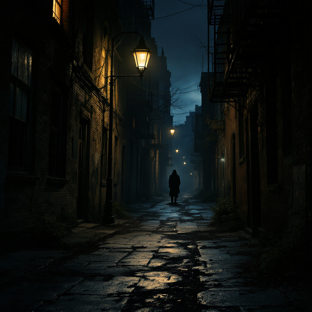 A shadowy figure walks alone down a foggy, dimly lit alley, embodying the essence of the quote, What we do in the dark will eventually come to light.