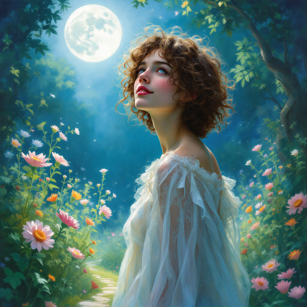 A young woman with curly hair gazes thoughtfully at a glowing moon, surrounded by colorful flowers in a serene, magical forest, embodying the idea of choosing friends over family.