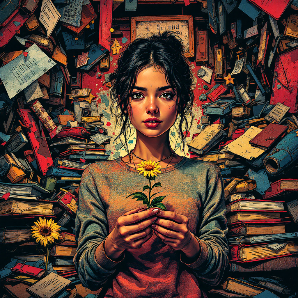 A young woman stands amid a chaotic backdrop of colorful books, holding a sunflower in her hands, embodying the quote about utilizing what you have meaningfully.