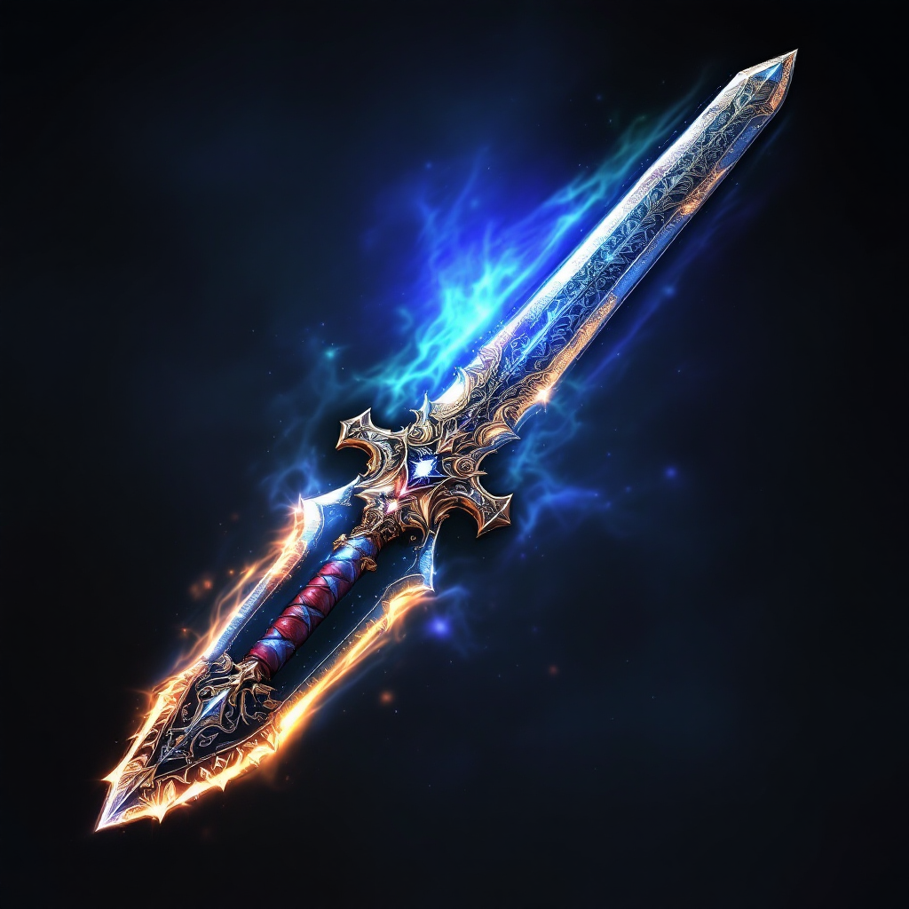 A majestic sword emanating blue and orange flames, symbolizing the power of words as depicted in the quote, The word is so mighty that it accomplishes what a multitude of men cannot.