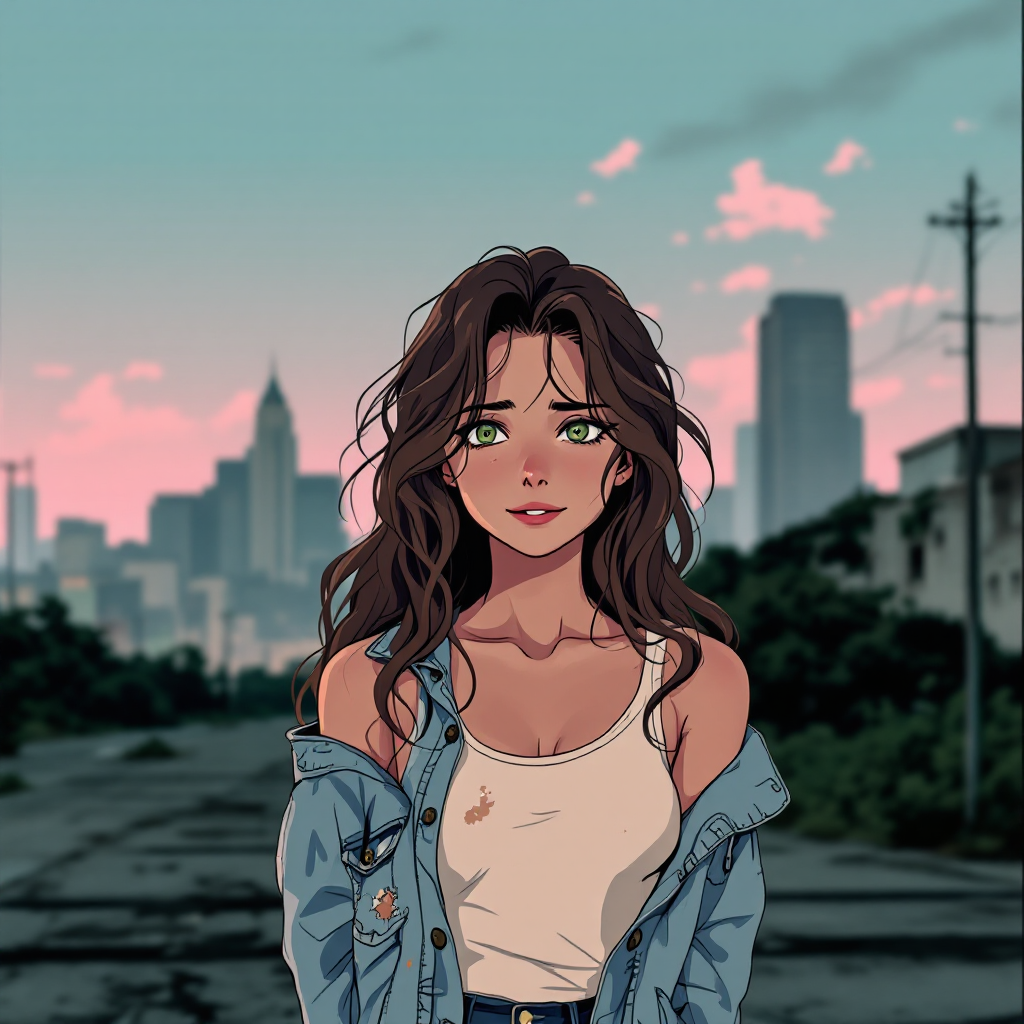 A young woman with flowing dark hair and green eyes stands on a deserted street, city skyline in the background, embodying the quote about love for humanity versus individuals.