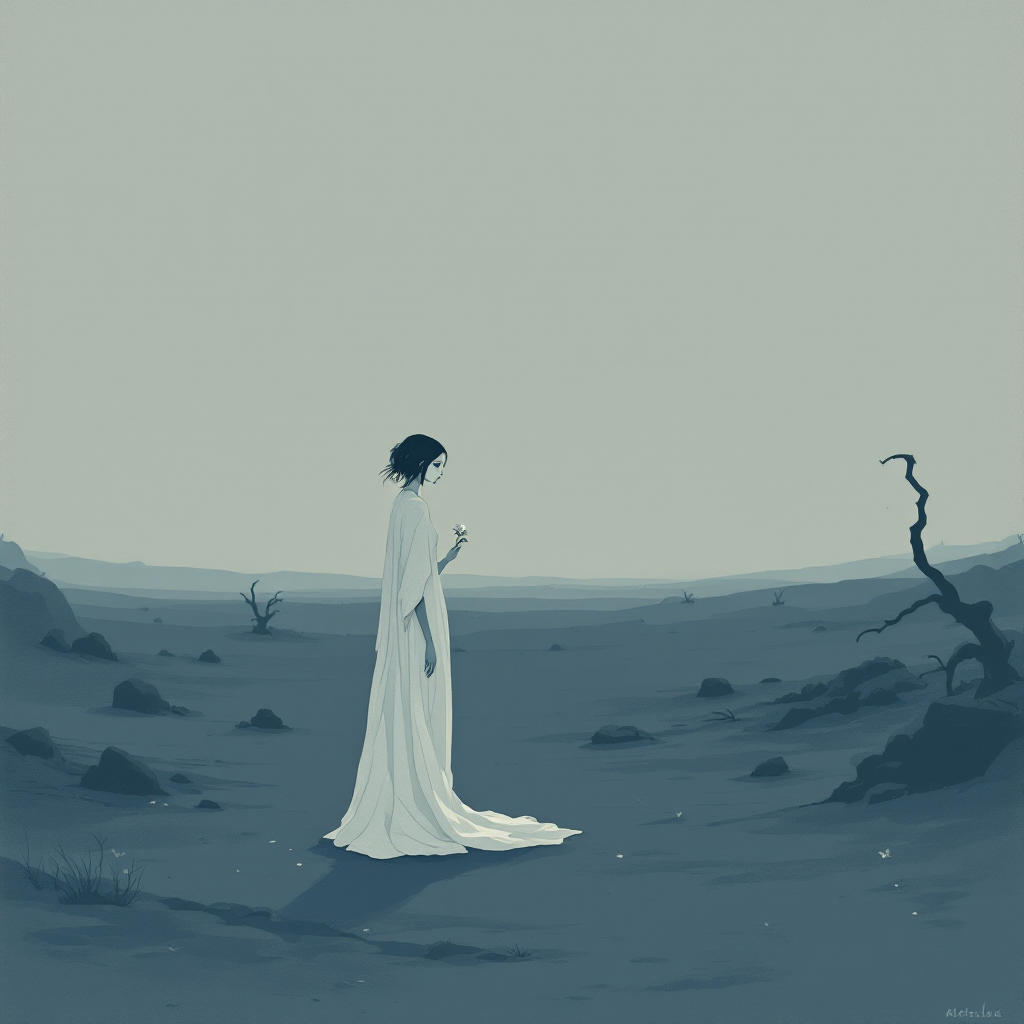 A solitary figure in a flowing white robe stands in a desolate landscape, embodying the notion from the quote, A world without women is a world without any sense.