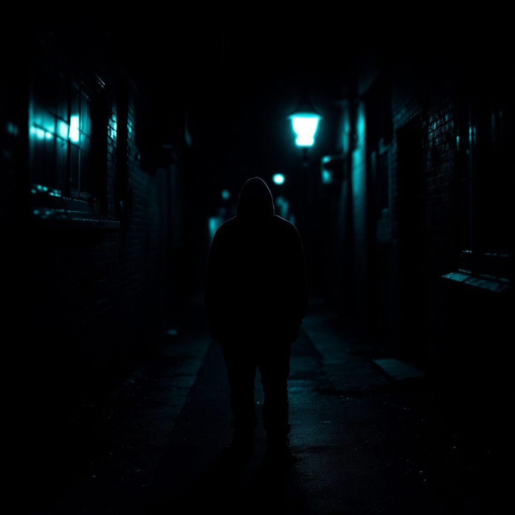 A shadowy figure stands in a dimly lit alley, illuminated by faint blue lights, embodying the complexity of justice that often eludes the innocent.