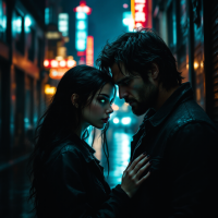 A couple stands close in a dimly lit alley, their foreheads touching. The atmosphere is charged, reflecting the bittersweet gift of seeing into each other's hearts.