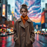 A poised young woman stands in a bustling city streetscape, gazing confidently ahead, with a dramatic, colorful sunset mural behind her, embodying the spirit of taking risks for happiness.