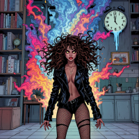 A woman with wild, curly hair stands confidently in a room filled with books. Bright, chaotic colors swirl around her, contrasting with the calm ticking clock above.