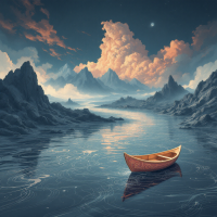 A serene river flows through a majestic landscape of mountains and clouds, with a solitary wooden boat drifting on the glassy water, evoking the idea of time's mysterious direction.