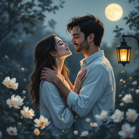 A couple embraces under a glowing moon, surrounded by blooming flowers. Their intimate connection embodies the essence of all-consuming love, longing to see each other every day.