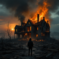 A figure stands before a burning house engulfed in flames, with smoke billowing into the sky, symbolizing destruction and the potential for new growth.