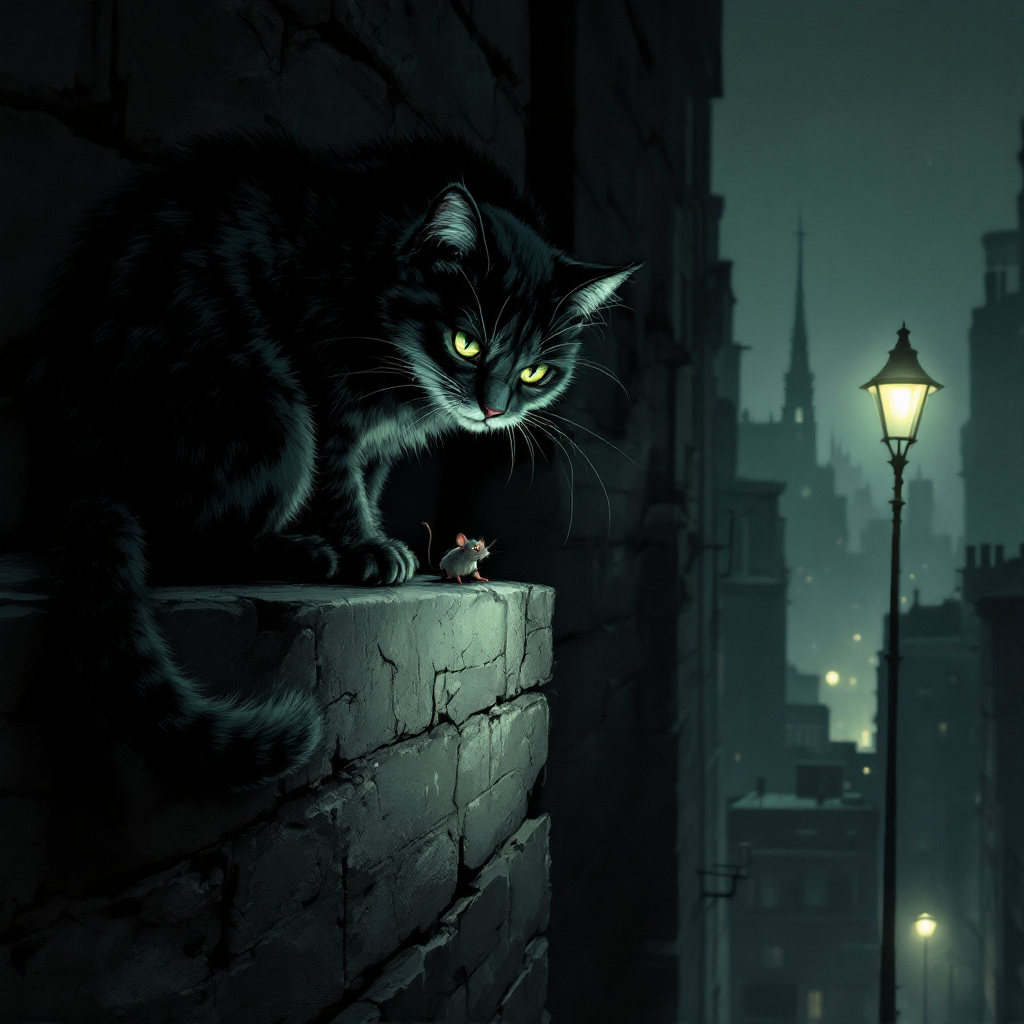 A sleek black cat sits on a ledge in a dimly lit alley, staring intently at a small mouse below, embodying the complexity of nature's moral dichotomy.