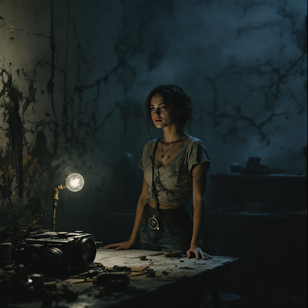 A young woman stands at a cluttered table in a dimly lit, distressed room, embodying resilience amidst decay, reflecting the quote on progress born from failure.