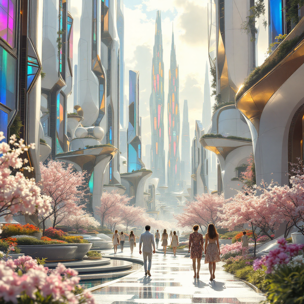 A vibrant futuristic cityscape with sleek buildings, flowering trees, and people walking leisurely emphasizes the transition from nomadic to sedentary lifestyles in human history.