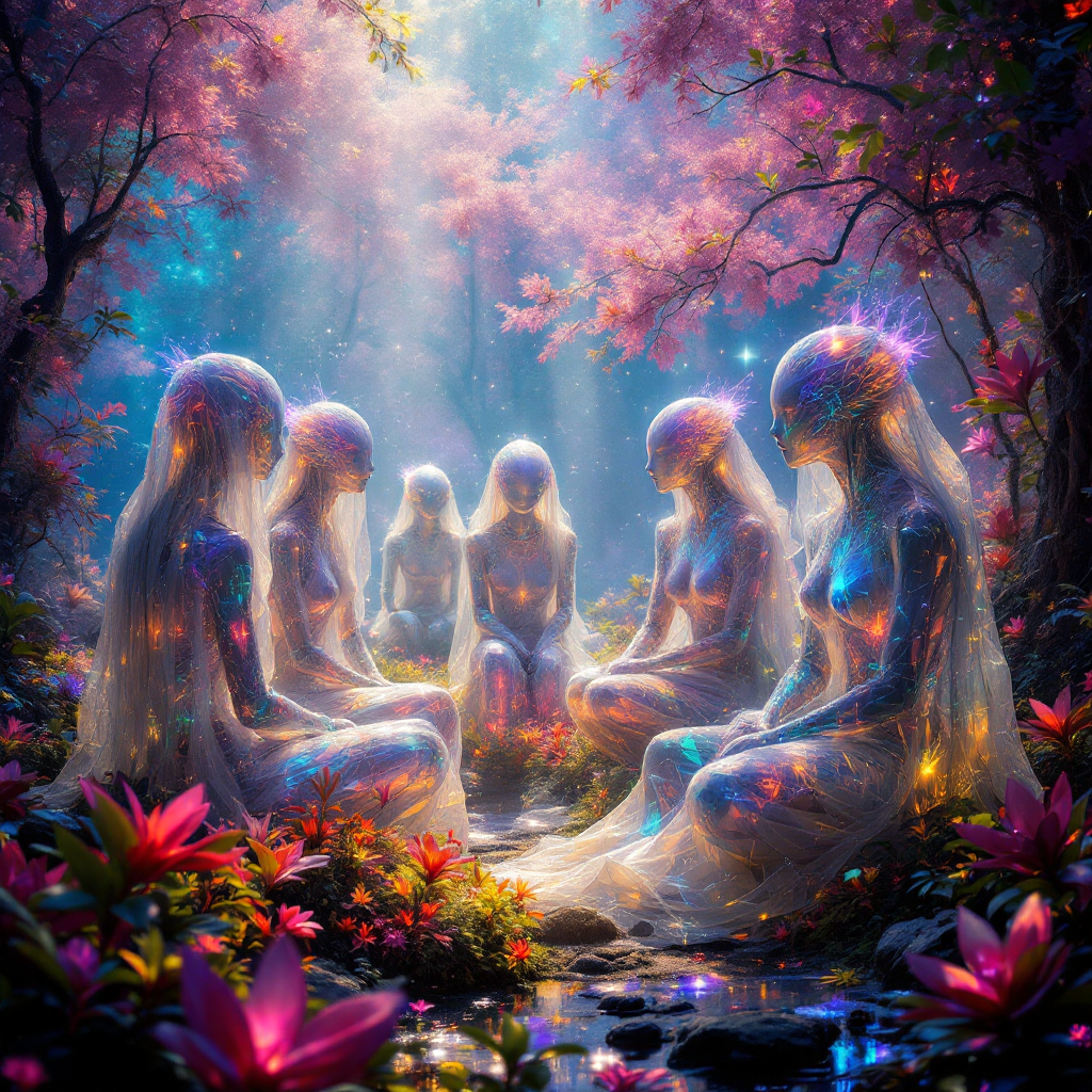 A serene scene of ethereal beings gathered in a vibrant, flower-filled forest, their glowing forms suggesting alternative modes of communication and coexistence in a mystical atmosphere.