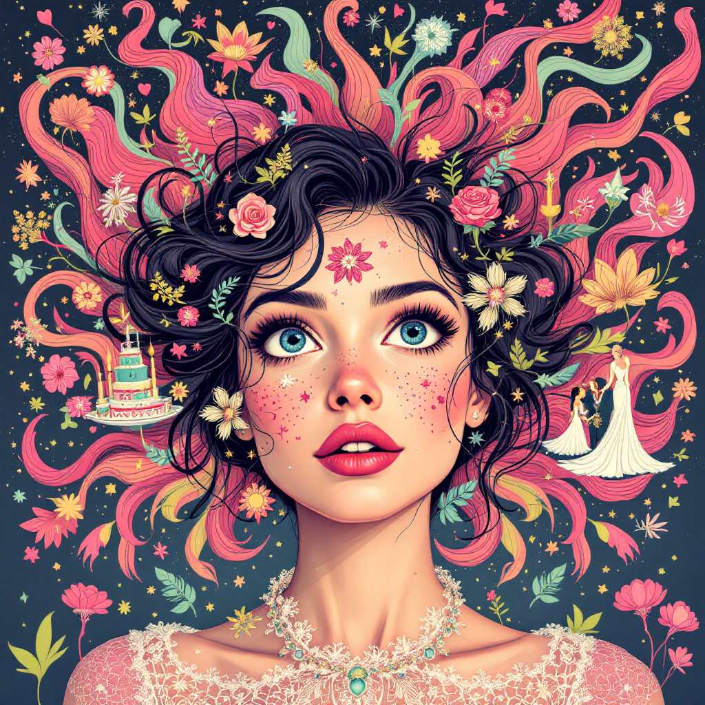 A woman gazes upward, her hair adorned with vibrant floral patterns, symbols of love and matrimony, reflecting the quote on rapid imagination from admiration to love.