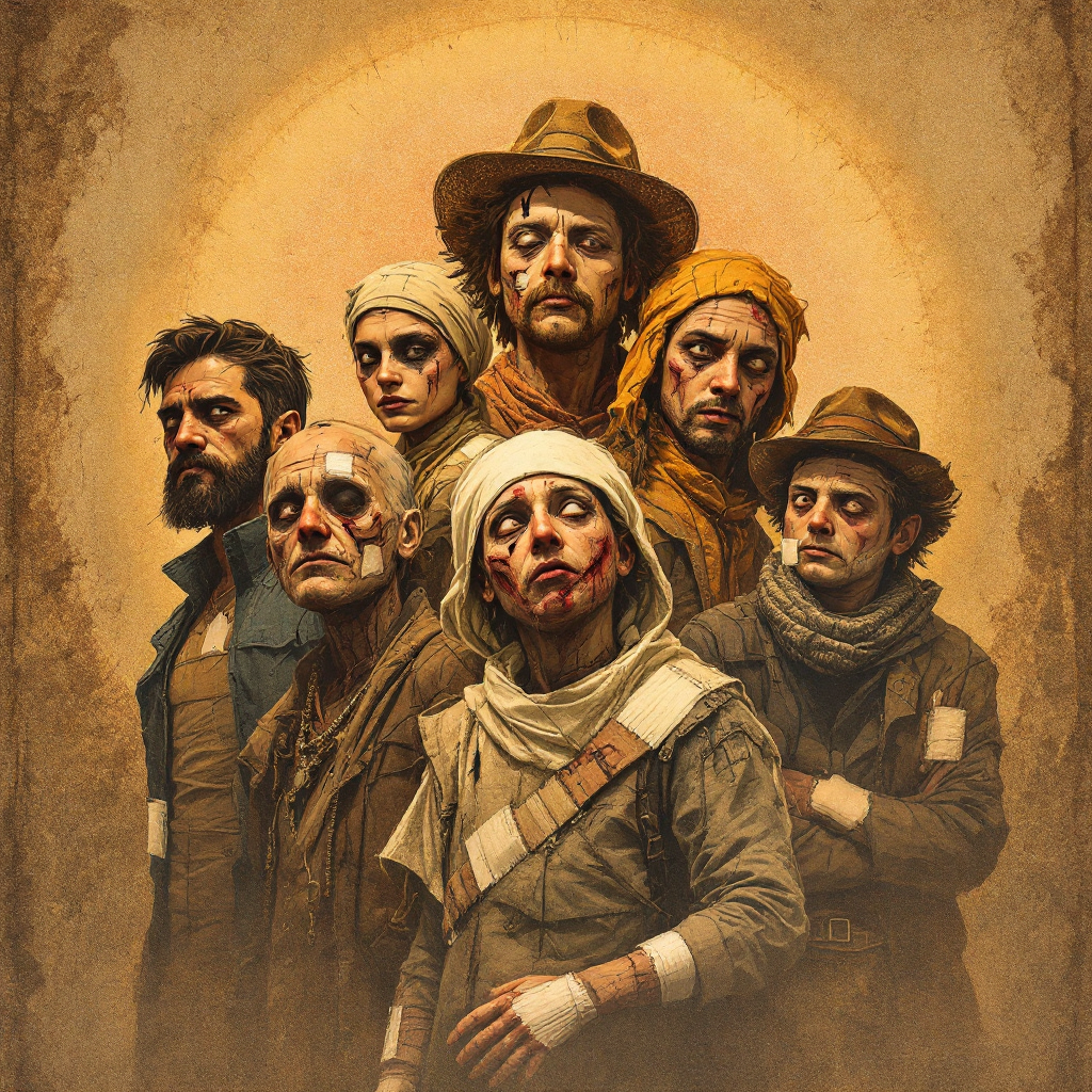 A group of seven individuals with healing wounds and expressive faces stands together against a warm, halo-like background, embodying the quote about being broken and healing.