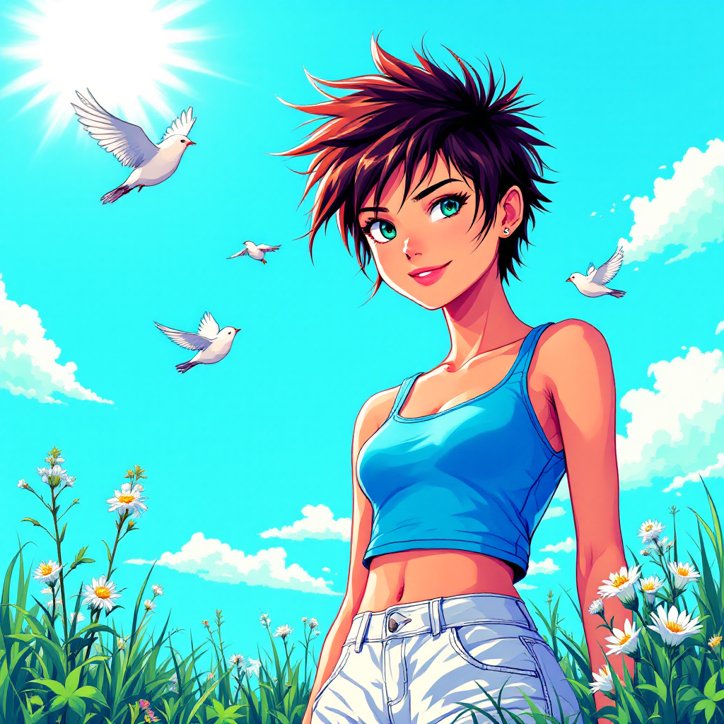 A young woman with short, spiky hair stands in a sunlit field, surrounded by flowers, as birds fly overhead, embodying the quote about freedom and resilience.