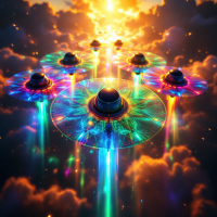 Five colorful, shimmering craft hover above vibrant clouds, their rotary wings creating dazzling rainbows in the golden sunlight, evoking a sense of motion and wonder.