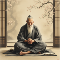 A wise figure in traditional attire sits in meditation, surrounded by serene cherry blossom branches, embodying the quote about knowledge and understanding as vital tools for growth.