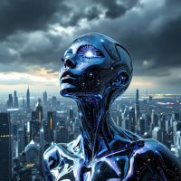 A futuristic humanoid figure gazes skyward amidst a dramatic, stormy skyline, embodying hope and potential for youth to reshape their homeland's narrative.