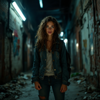 A young woman stands confidently in a dimly lit, graffiti-covered alley, embodying resilience and determination amidst her surroundings, reflecting the quote about controlling responses.