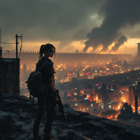 A lone figure stands on a rooftop, gazing at a sprawling cityscape illuminated by distant lights, under a stormy sky filled with smoke, embodying resilience in an uncertain future.