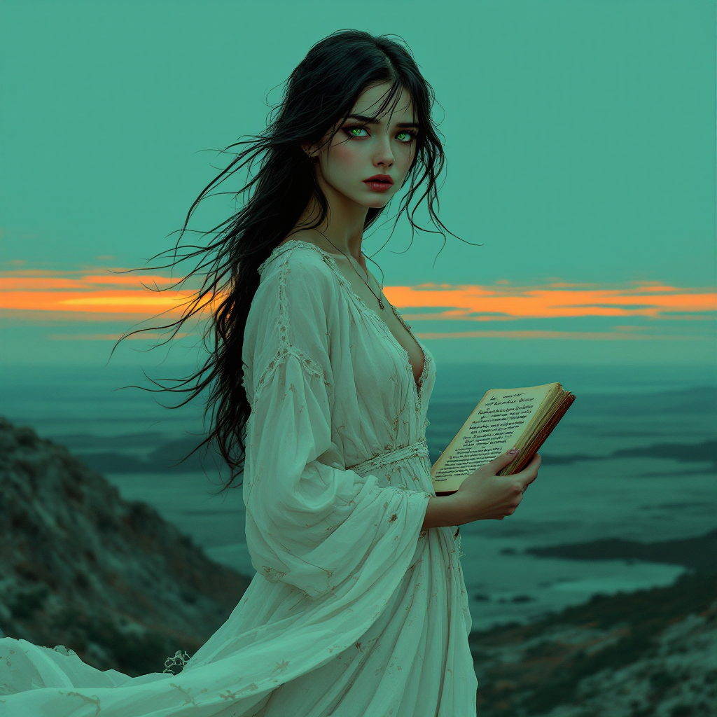 A young woman in a flowing white dress stands on a rocky outcrop, holding an open book as she gazes into the horizon, where the sunset casts a magical glow over the landscape.