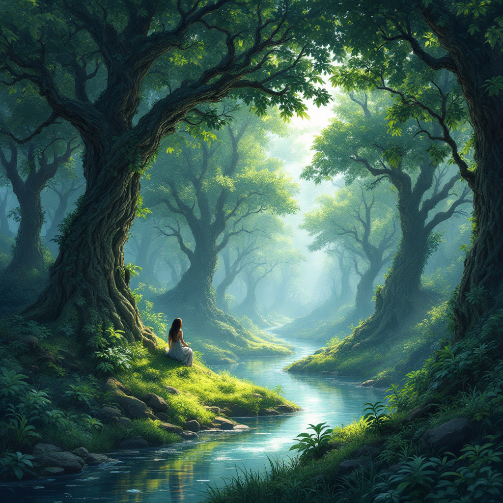 A serene forest scene with towering trees and a gentle river, embodying the quote about nature's stories and memories, inviting reflection and respect for the environment.