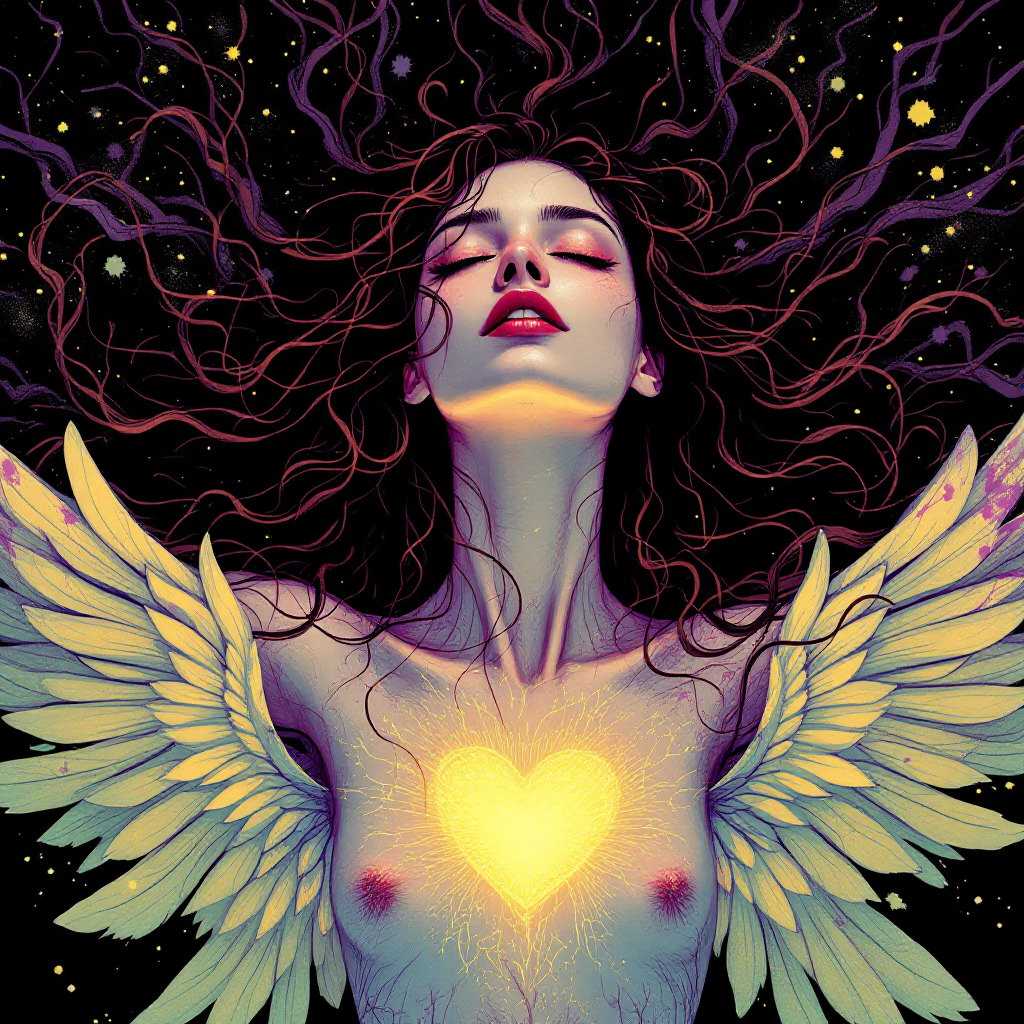 A woman with flowing hair and angelic wings gazes upward, her chest glowing with a radiant heart symbol, embodying the quote about love being a cherished treasure within.