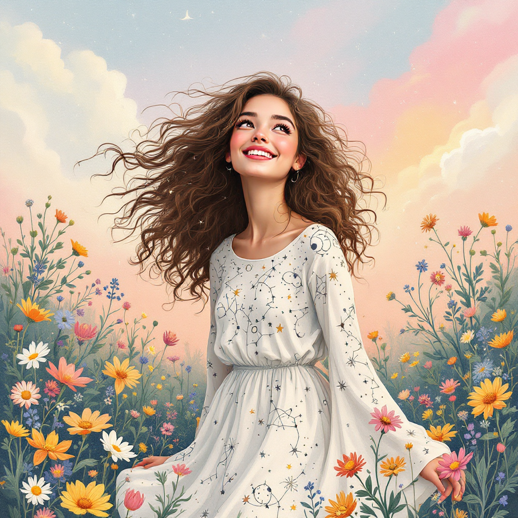 A joyful girl in a floral dress stands amidst colorful flowers, radiating happiness as she gazes upward, embodying the spirit of dreaming and believing in beauty.