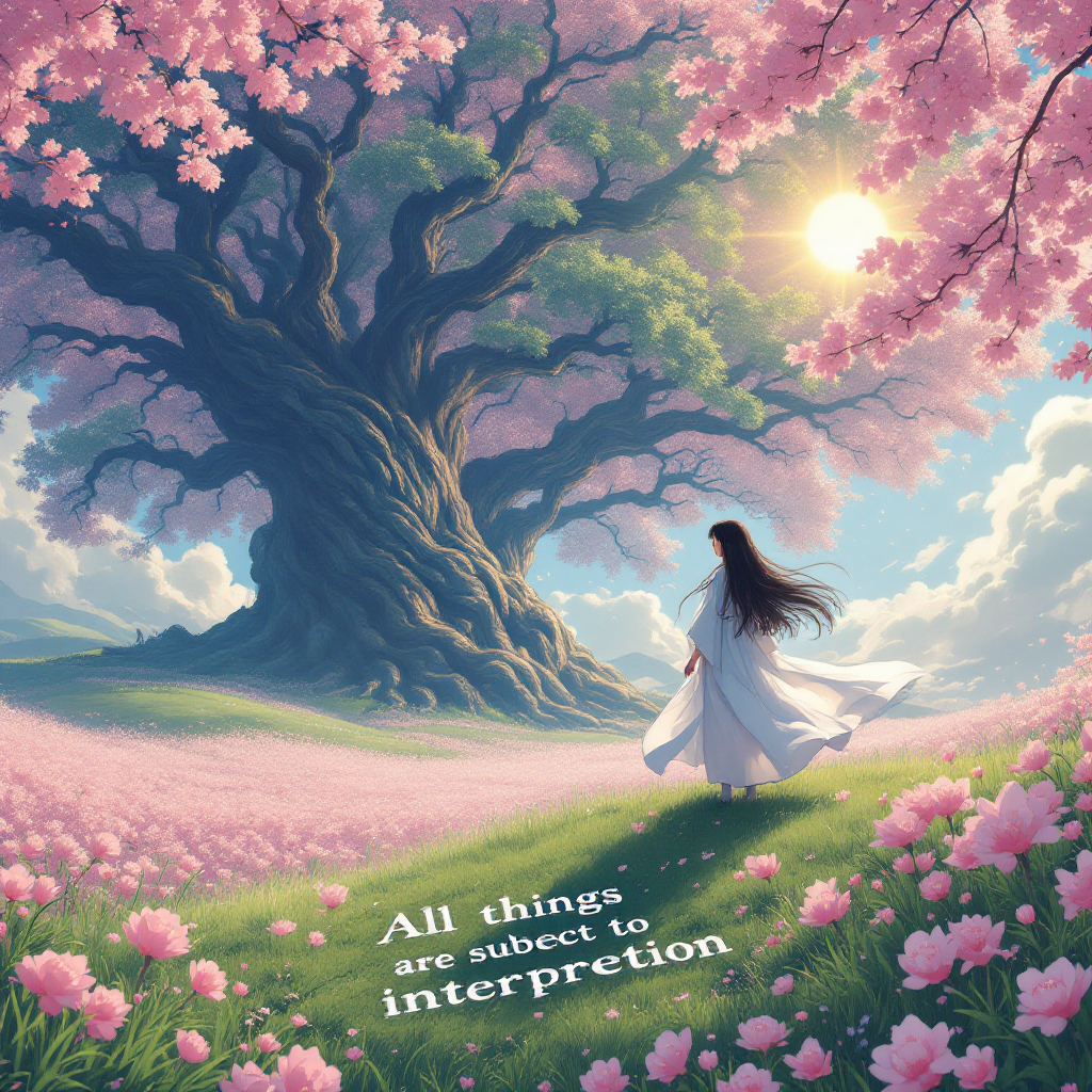 A serene landscape features a majestic tree surrounded by pink blossoms, with a figure in white walking in the light. The text, All things are subject to interpretation, overlays the scene.