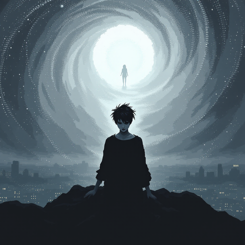 A figure sits on a rocky outcrop, gazing into a swirling vortex of light and dark, symbolizing the echoes of potential as a shadowy silhouette emerges from the brightness above.