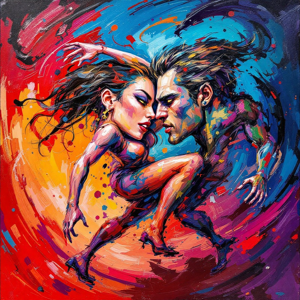 A vibrant, swirling depiction of a man and woman with intense expressions, embodying the quote Love is a ruthless game unless you play it good and right. The colors reflect passion and conflict.