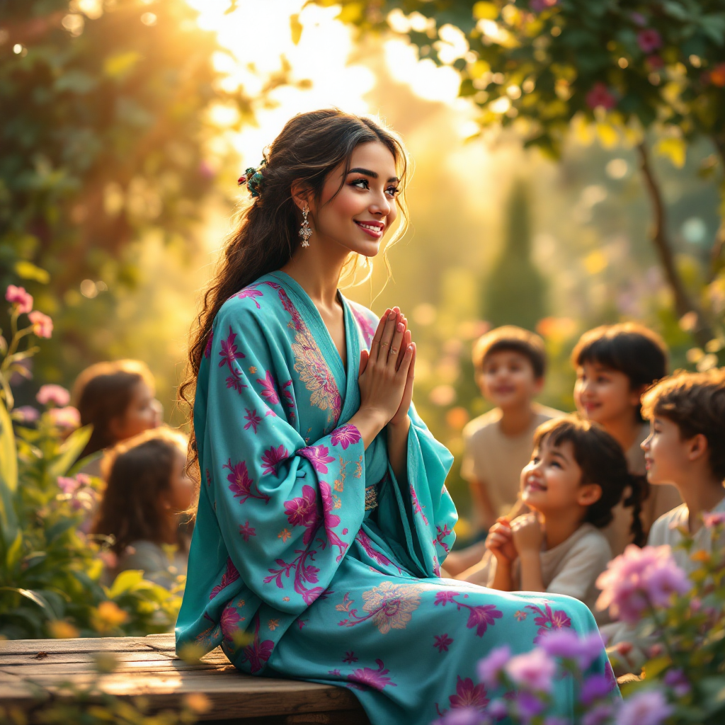 A woman in a vibrant kimono kneels among children in a lush garden, smiling as they engage in a moment of connection, embodying the essence of attentive teaching and learning.