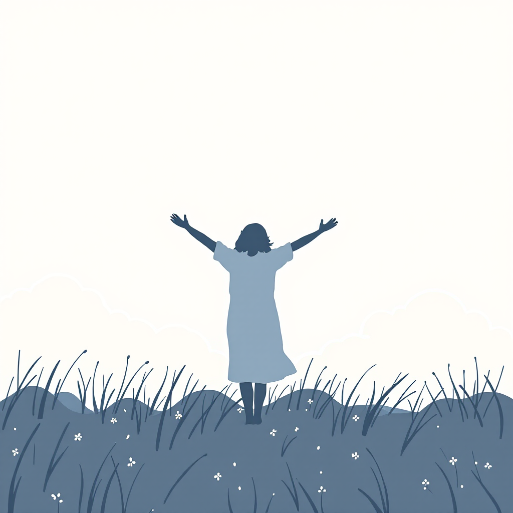 A silhouetted figure stands in a grassy field, arms outstretched towards a light sky, embodying the essence of happiness found in self-focus, as inspired by the quoted text.