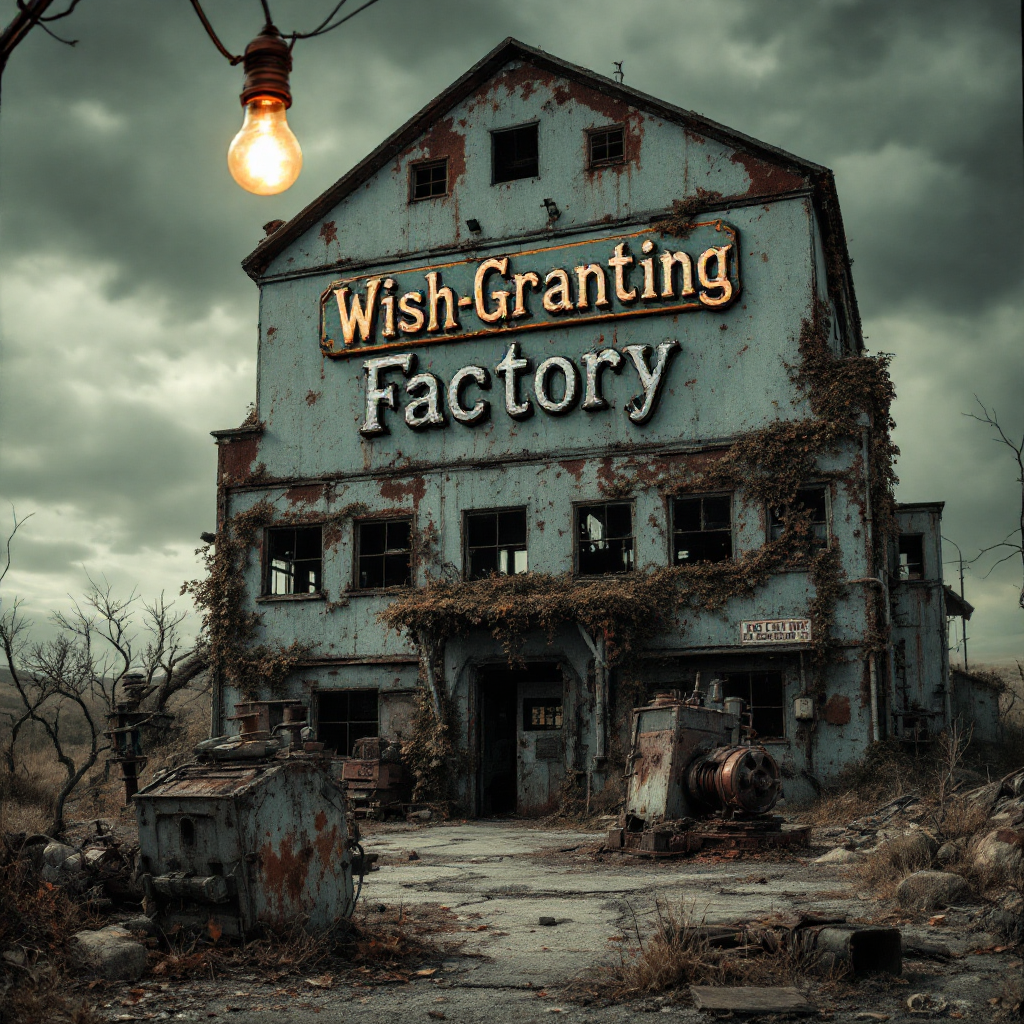 An abandoned, dilapidated factory stands under a moody sky, with a glowing light bulb and the words Wish-Granding Factory prominently displayed, reflecting the quote about unattainable wishes.