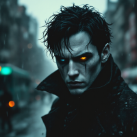 A brooding figure with dark hair and striking yellow eyes stares intensely into the distance, embodying the enigmatic essence of a bleak city.