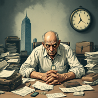 An older man sits at a cluttered desk covered with papers and bills, looking contemplative. A clock and a cityscape are visible in the background, reflecting the weight of financial struggle.