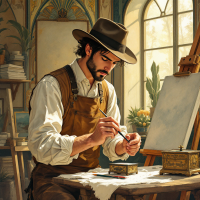 A focused artisan wearing a hat and apron meticulously works on a small box at a sunlit workspace adorned with plants and art supplies, emphasizing the care for one's tools.