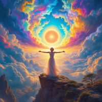 A figure in a flowing dress stands atop a rocky cliff, arms outstretched towards a vibrant, swirling sky filled with colorful clouds and a radiant sun, embodying the essence of limitless life.