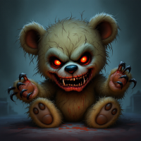 A sinister teddy bear with glowing red eyes and sharp claws sits in a dark, eerie atmosphere, embodying the theme of familiar fears from the quote about fear's many forms.