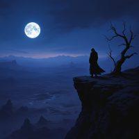 A shadowy figure stands on a cliff under a full moon, gazing over a dark, desolate landscape, embodying the quote, Rest is a luxury that the damned cannot afford.