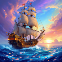 A majestic ship with billowing sails navigates vibrant ocean waves under a colorful sky at sunset, embodying a love for the sea and sky.