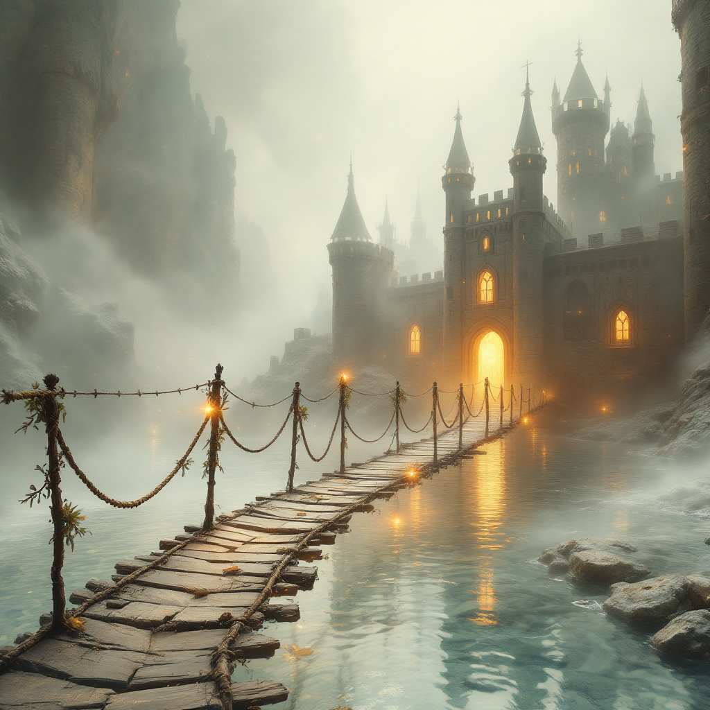 A misty landscape features a stone bridge leading to a majestic castle illuminated by warm light, evoking clarity and depth as described in the quote about seeing right through things.