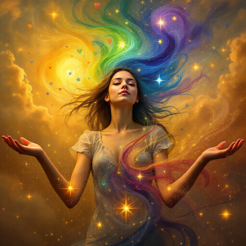 A woman with flowing hair stands serenely, surrounded by vibrant streams of color and light, symbolizing the shifting patterns of joy and sorrow in life's kaleidoscope.