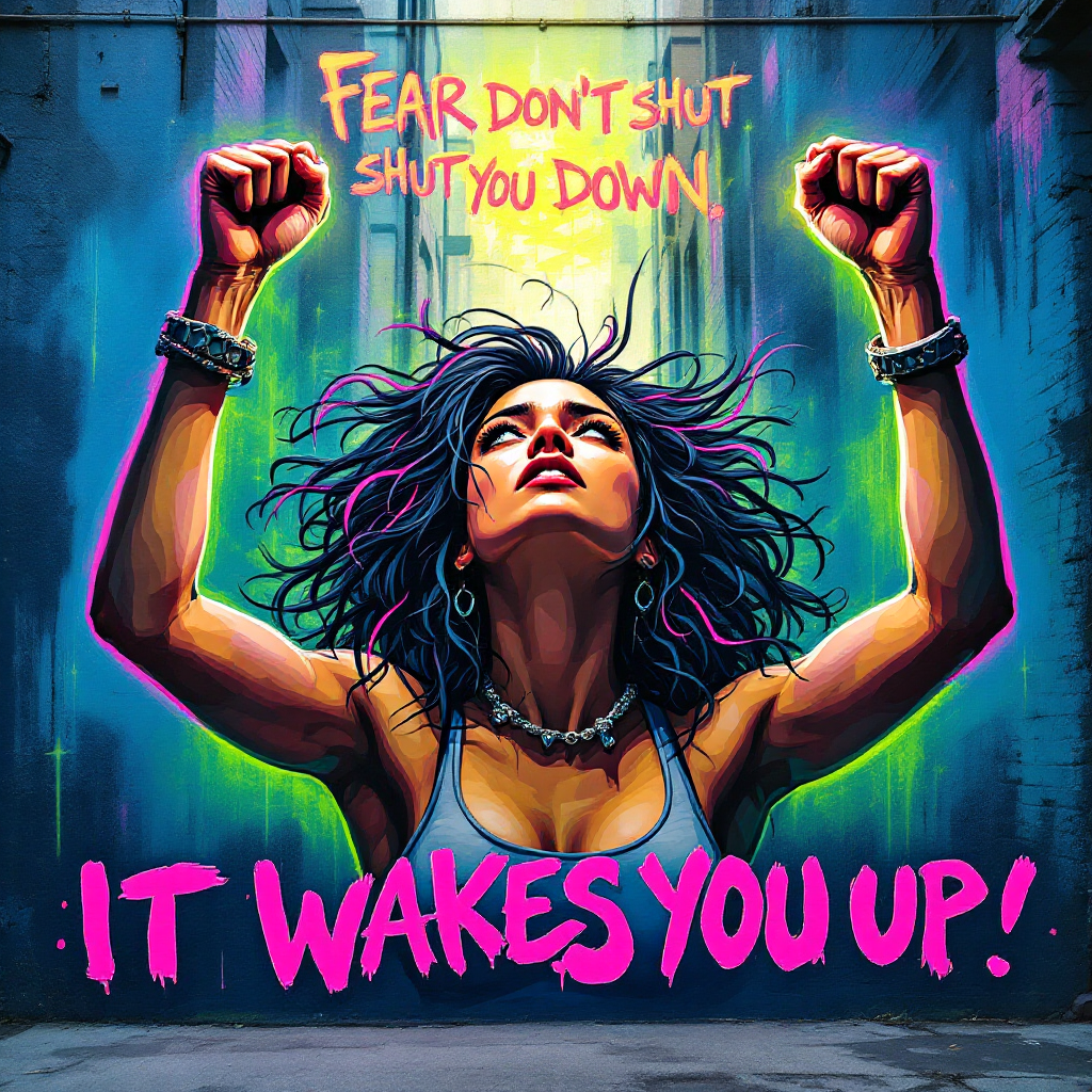 A vibrant mural depicts a determined woman with raised fists, surrounded by bold text: Fear doesn't shut you down; it wakes you up! conveying empowerment and resilience.