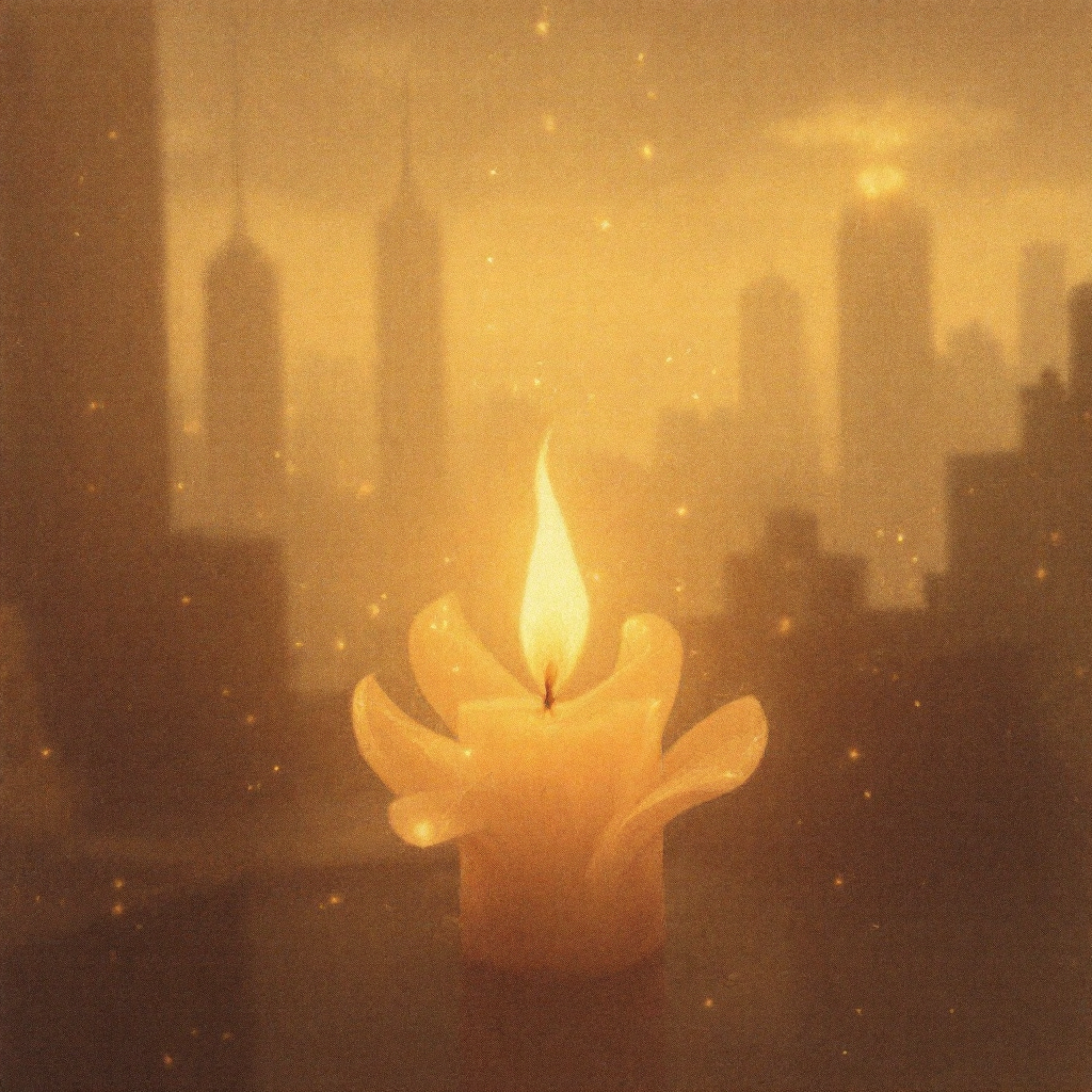 A softly glowing candle flickers against a hazy city skyline, embodying the quote Hope is like a light; it might flicker, but it never goes out. Warm hues fill the scene.