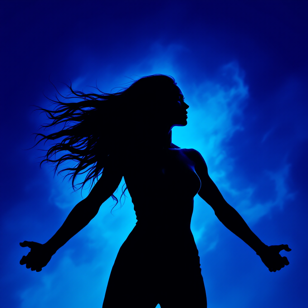 A silhouetted figure stands confidently against a vibrant blue backdrop, symbolizing empowerment and the transformative idea of changing the world.