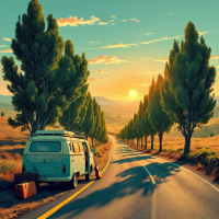 A vintage van parked beside a winding road lined with tall trees, bathed in the warm glow of a sunset, embodying the journey and stories collected along the way.